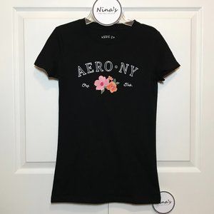 Aeropostale Juniors NY Embroidered Floral Tee Black Size S